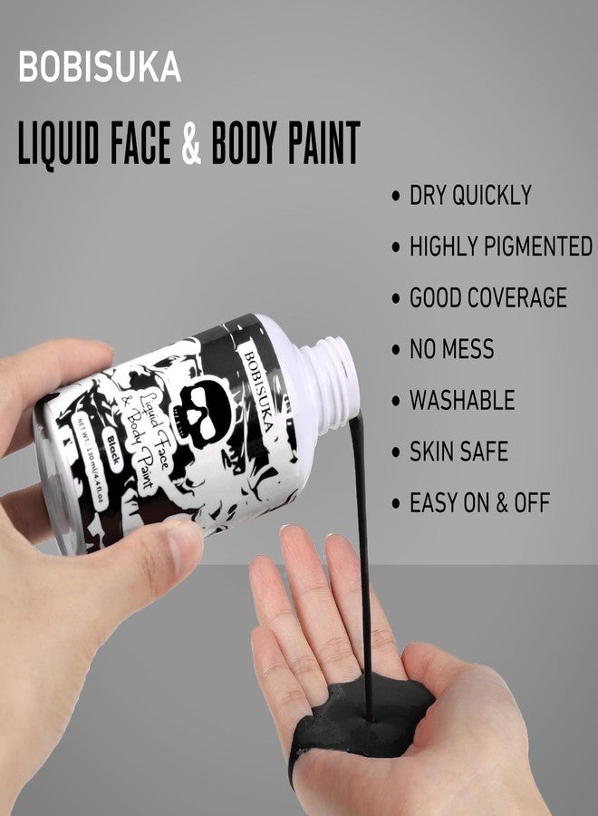BOBISUKA Black Face Body Paint Liquid Texture Washable Non Toxic Facepaint Fast Drying Foundation Makeup for Halloween Clown Skeleton Skull Cosplay SFX Costume Party Large Capacity(130ml) - Image 2